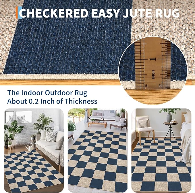 GarveeHome 9x12 Checkered Easy Jute Rugs for Bedroom Machine Washable Large Rugs Non-Slip Backing Modern Neutral Stain Resistance Carpets for Farmhouse Patio Dining Room Backyard Navy Blue