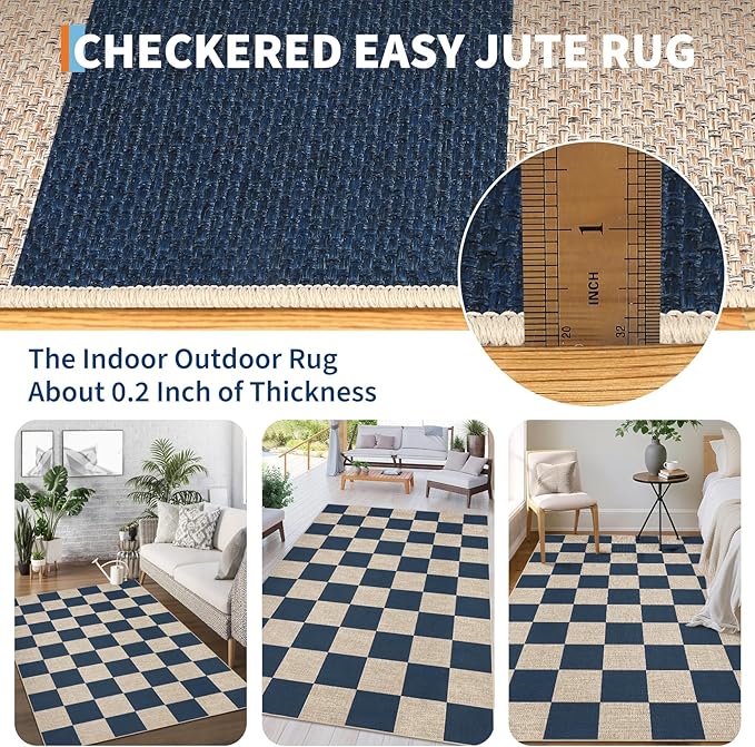 GarveeHome Checkered Easy Jute Area Rug 10x13 Machine Washable Non-Slip Stain Resistant Indoor Outdoor Rugs for Living Room, Bedroom, Kitchen, Dining, Patio Farmhouse Style Navy Blue