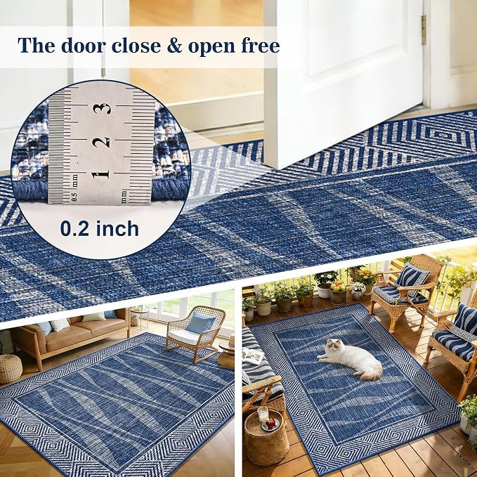 Jute Rug 3x5 Outdoor Patio Rug with Border, Washable Rugs for Entryway Porch, Farmhouse Non Slip Area Rugs with Rubber Backing, Non Shedding Carpet for Indoor Outdoor Bedroom, Courtyard, Blue