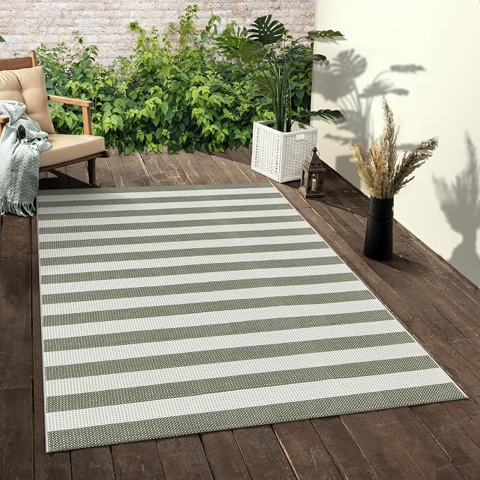 LEEVAN Outdoor Patio Rug 5x7 Striped Porch Mat, Washable Spring Balcony Rug | Green and White Backyard Rug, Plaid Outside Entrance Floor Mat, Indoor/Outdoor Layered Mat for Deck/Pool/Camping/RV