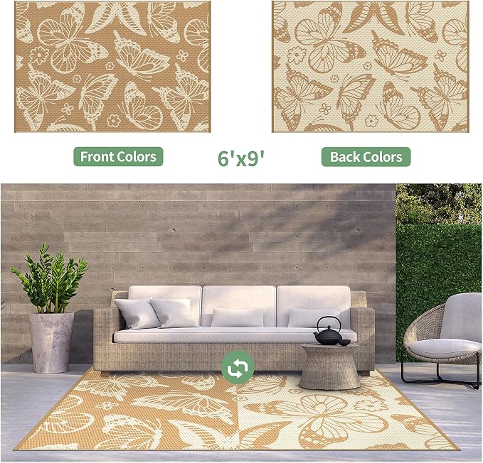 GENIMO Outdoor Rug, Waterproof Plastic Rugs for Patio, 6'x9' Brown Linen | Outside Larger Leaf Carpet Mat for Porch Decor, Deck, Balcony, Camping, RV, Backyard, Picnic, Beach, Reversible, Foldable