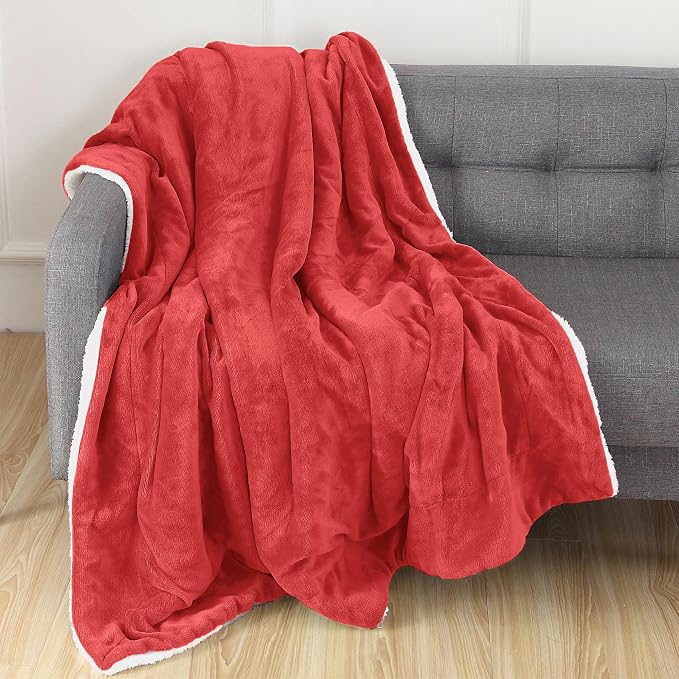 Elegant Comfort Throw Blanket, Reversible Sherpa Flannel, Ultra-Soft, Fuzzy, Cozy and Plush- All Season Lightweight Decorative Throw, 50 x 60 inches, Solid Sherpa Throw, Red