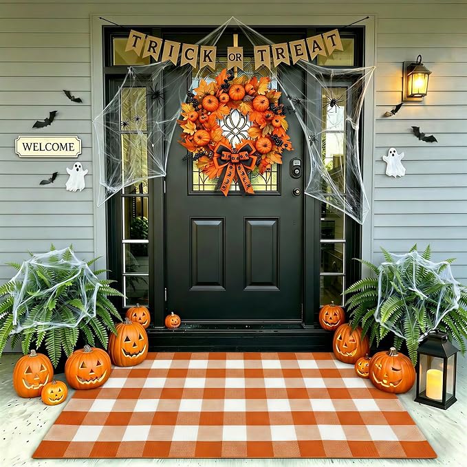 Halloween Orange and White Buffalo Plaid Rug,3'x5' Indoor Outdoor Washable Rug, Spooky Accent Mat for Halloween Indoor Outdoor Decor, Porch, Living Room, Entryway, Patio