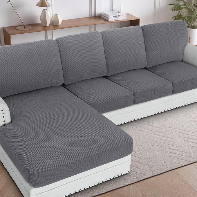 H.VERSAILTEX Sectional Couch Covers 4 Pieces Sofa Seat Cushion Covers L Shape Separate Cushion Couch Chaise Cover for Both Left/Right Sectional Couch (Seat Only: 1 Chaise + 3 Sofa, Grey)