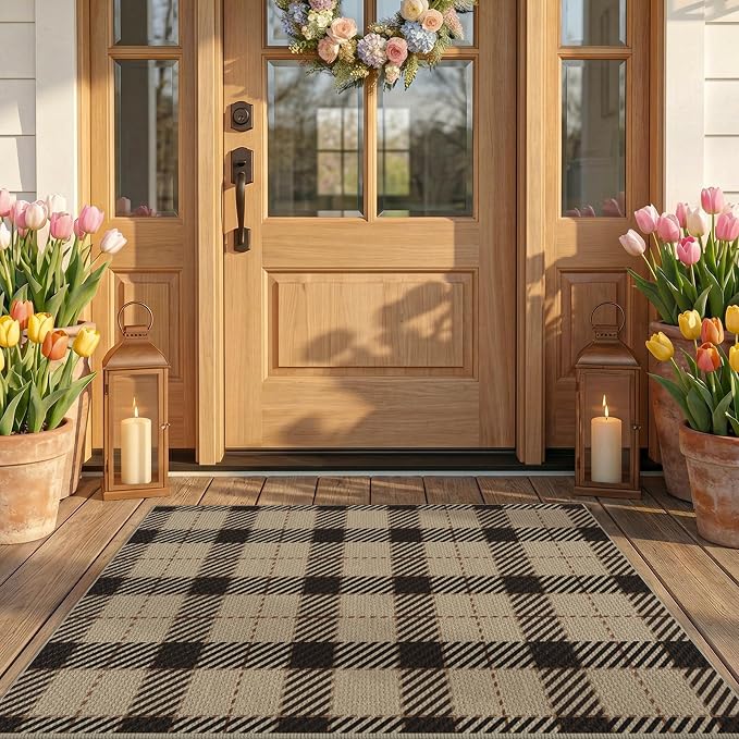 Easy Jute Outdoor Rug 27.5" x 43", Buffalo Plaid Front Porch Layering Rug, Washable Non Slip Front Door Mat for Entryway, Kitchen, Patio, Farmhouse Checkered Jute Style Decor