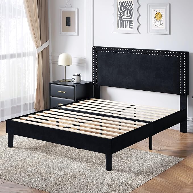 VECELO Full Size Platform Bed Frame with Height Adjustable Upholstered Headboard, Modern Mattress Foundation,Strong Wood Slat Support, No Box Spring Needed, Easy Assembly,Black