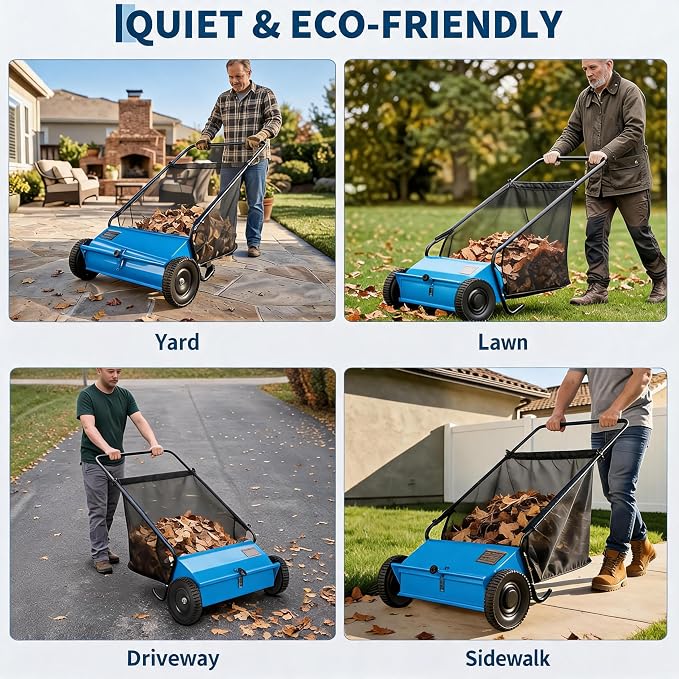 Heavy Duty 26-Inch Push Lawn Sweeper – 4 High-Speed Spinning Brushes | Durable Steel Frame, 7 Cu. Ft. Removable lawn mower, Rubber Wheels, Walk-Behind Leaf & Grass Collector for Lawn, Patio