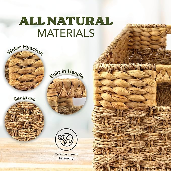 Wicker Storage Basket for Shelves, Set of 4 | Natural Seagrass and Hyacinth, Nesting, Woven Storage Baskets for Organizing Living Room, Shelves, Pantry, Rectangle, Rattan