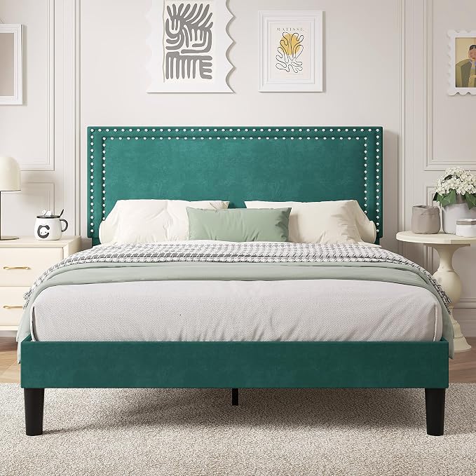 VECELO Full Size Platform Bed Frame with Height Adjustable Upholstered Headboard, Modern Mattress Foundation,Strong Wood Slat Support, No Box Spring Needed, Easy Assembly,Dark Green