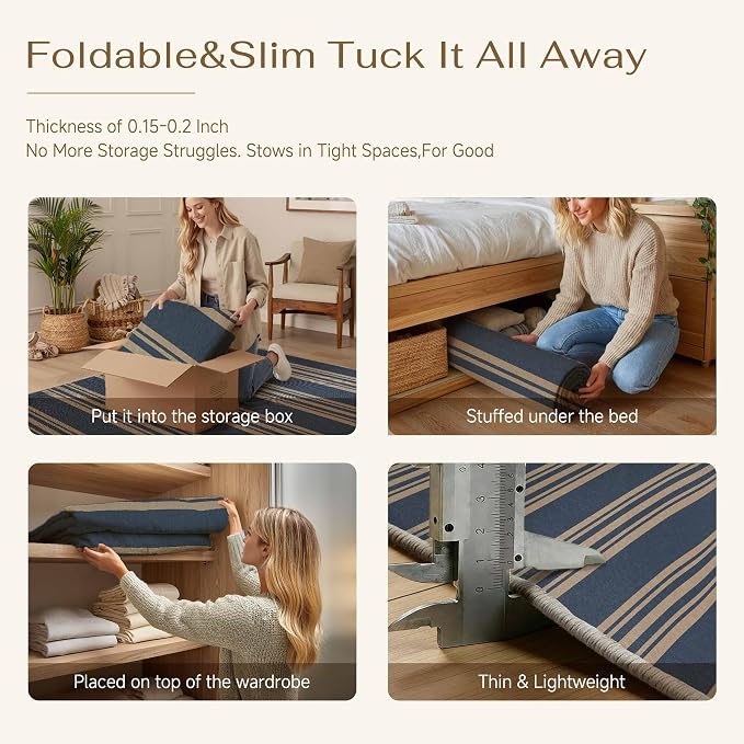 PureCozy Striped Easy Jute Rug 8x10 Blue Living Room Carpet Washable Non Slip Bedroom Office Rug Farmhouse Neutral Non Shedding Indoor Outdoor Large Carpet for Kitchen Dining Room