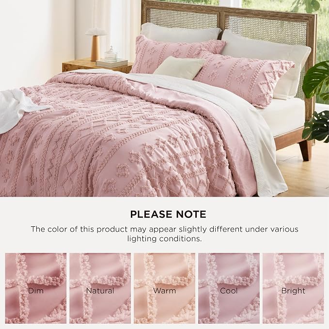 Bedsure Tufted Boho Comforter Set King Size - Pink Boho Bed Set, GentleSoft™ 3 Pieces Farmhouse-Style Embroidery Bedding, Gifts for Woman, Soft Jacquard Kids' King Comforter for All Seasons