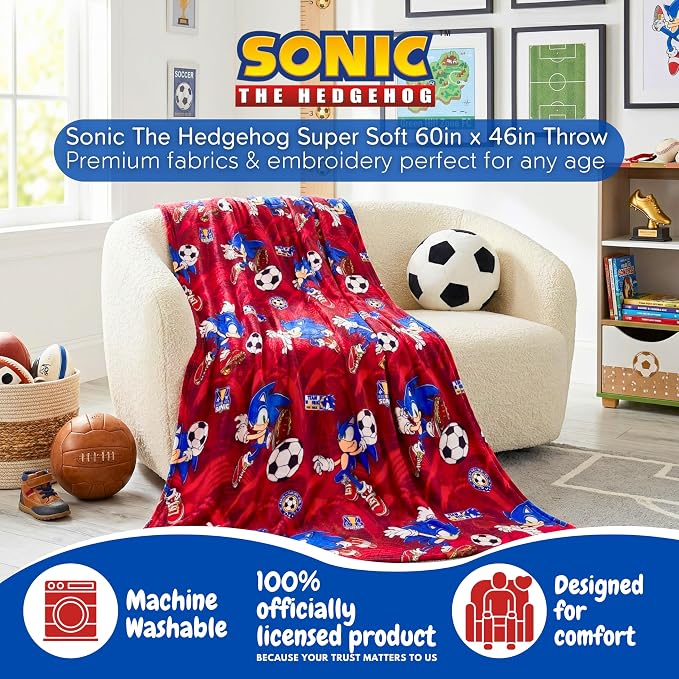 Sonic The Hedgehog Kids Sports Soccer Throw Blanket, 46 in x 60 in, Soft Cozy Decorative Blanket for Couch, Bed, or Sporting Events, 2026 World Soccer Tournament (Officially Licensed Product)by Franco