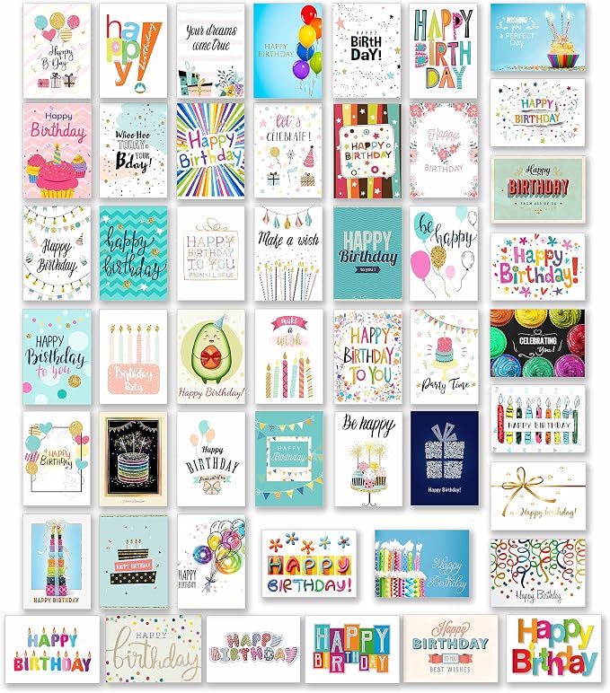 100 Unique Birthday Cards Assortment with Greetings Inside, Gold Foil Printing, Assorted Color Envelopes, 6 Sticker Designs to Seal Envelopes. 4x6 Inch