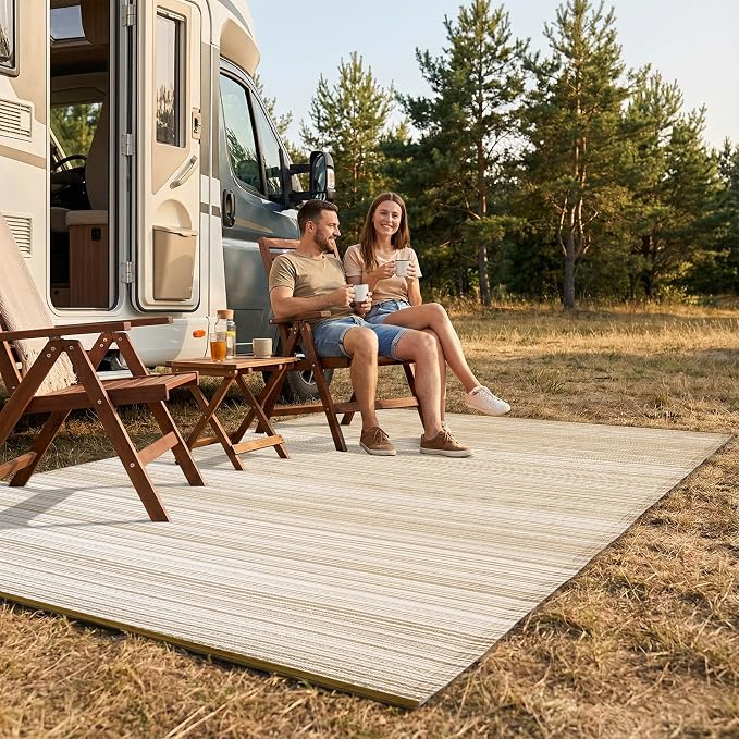 FH Home Outdoor Camping Rug - Waterproof, Fade Resistant, Reversible - Premium Recycled Plastic - Striped - Large Patio, Deck, Sunroom, RV - Havana - Beige - 9 x 12 ft Foldable