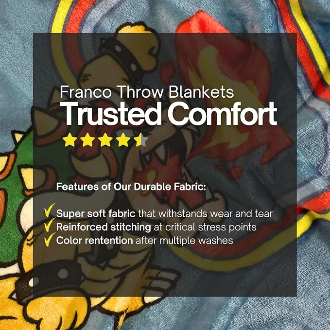 Super Mario Bowser Kids Throw Blanket, 46 in x 60 in, Soft Cozy Decorative Blanket for Couch, Bed, or Gaming Room (Officially Licensed Product) by Franco
