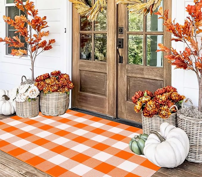 3'x5' Outdoor Rug,Halloween Orange White Front Porch Mat Farmhouse Cotton Washable Layering Rug Checkered Area Rug for Porch,Entryway,Layered Doormat,Indoor,Outdoor,Halloween,Fall