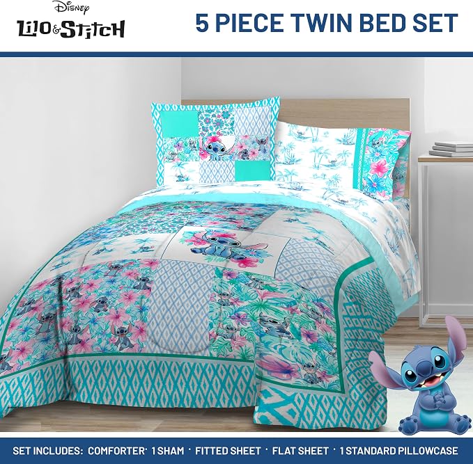 Disney Lilo and Stitch Twin Comforter Set 5 Piece Bedding for Girls, Multi | Bed in a Bag, Comforter Sheets Sham Pillowcase, Official Product, Soft Microfiber, Machine Washable, Easy Care, Girls Gift