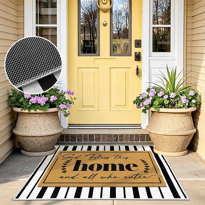 2 Pcs Coir Door Mat Welcome Mats for Front Door Black White Striped Layering Rug for Porch Outdoor Entrance Doormats Non Slip God Bless Matt for Religious Gifts Christian Rugs for Patio 23.6"x35.4"