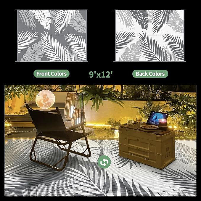 GENIMO Outdoor Rug, Waterproof Plastic Rugs for Patio, 9'x12' Led Grey | Outside Larger Leaf Carpet Mat for Porch Decor, Deck, Balcony, Camping, RV, Backyard, Picnic, Beach, Reversible, Foldable