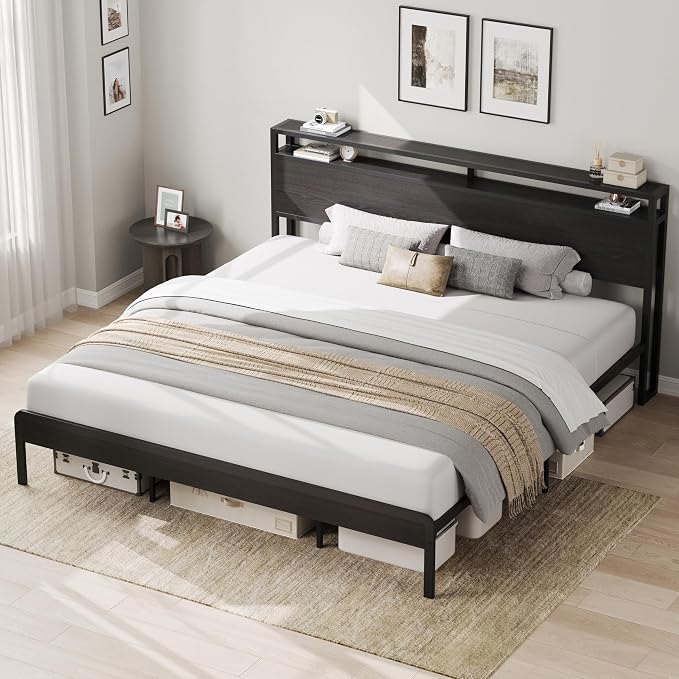 LIKIMIO California King Bed Frames with 2-Tier Storage Shelf Headboard | Dark Wood Platform Bed, Camas California King with Strong Metal Supports,Sturdy,Noise-Free,No Box Spring Needed,Classic Black