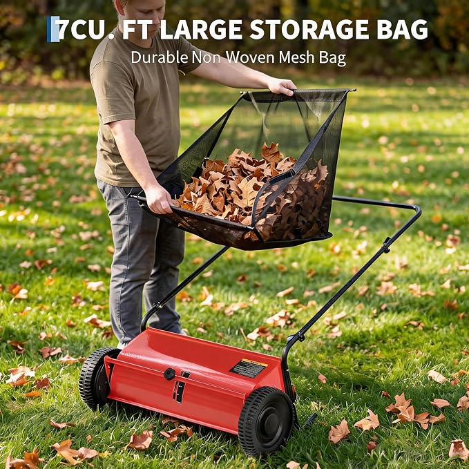 Heavy Duty 26-Inch Push Lawn Sweeper – 4 High-Speed Spinning Brushes | Sturdy Steel Frame, 7 Cu. Ft. Removable lawn mower, Walk-Behind Leaf & Grass Collector for Yard, Garden, Driveway – Color: