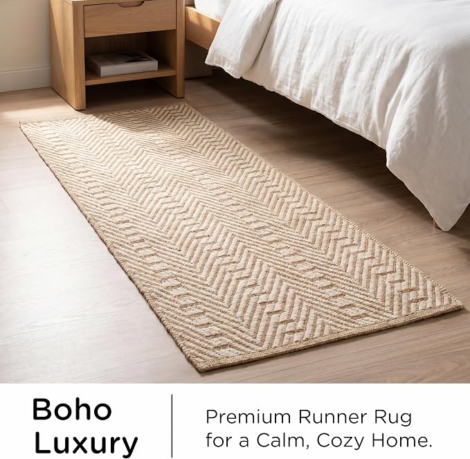 THE BEER VALLEY Jute Cotton Geometric Runner Rug 2x6 Feet - Natural White | Large Boho Kitchen Chevron Runners for Hallways, Easy Care Ivory Beige Laundry Room Rugs