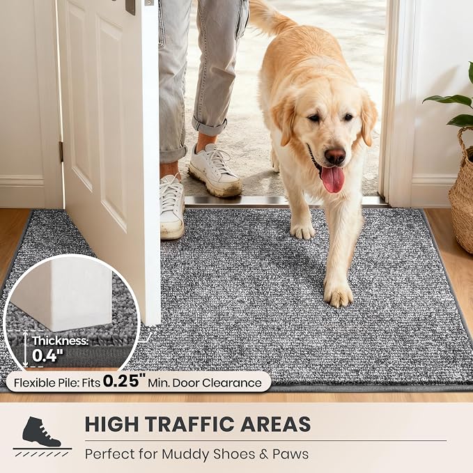 PURRUGS Dirt Trapping Door Mat 20" x 31.5", Non-Slip Machine Washable Entry Rug, Entrance Mat, Indoor Front Door Mat, Super Absorbent Entryway Rug for Muddy Shoes & Paws, Heathered Grey