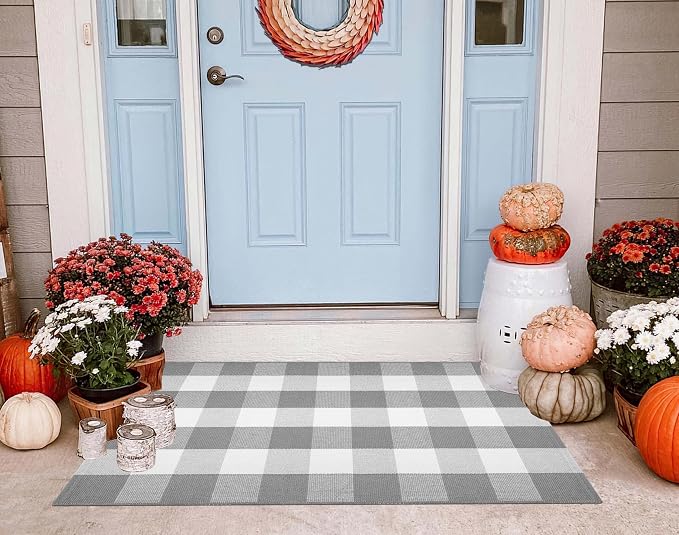 Buffalo Plaid Layered Doormat 27.5''X 43.3''Checkered Front Porch Rug Cotton Woven Washable Layering Doormat for Welcome Hello Door Mat Entryway Bedroom Living Room