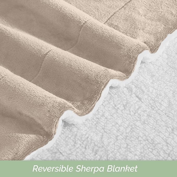 Elegant Comfort Ultra Soft Reversible Flannel Sherpa Blanket - Cozy Silky Fleece Throw for Couch, Bed - Plush Fuzzy Warm Winter Blanket for Gift, Queen, Cream