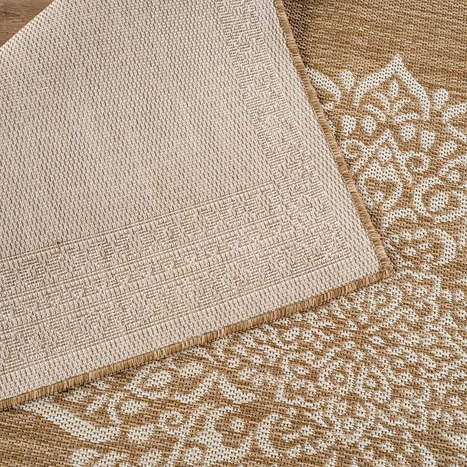 CAMILSON Outdoor Rug 9x12 Medallion Natural Modern Large Area Rugs for Indoor and Outdoor Patios Kitchen and Hallway Mats Washable Porch Deck Outside Carpet (Medallion Natural 9 x 12)