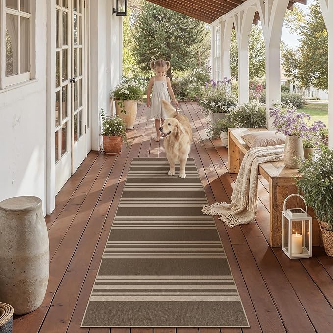 PureCozy Striped Easy Jute 2x6 Kitchen Runner Rug Brown Washable Carpet for Hallway Non Slip Farmhouse Neutral Non Shedding Indoor Outdoor Long Rug Bathroom Bedroom Laundry Entryway
