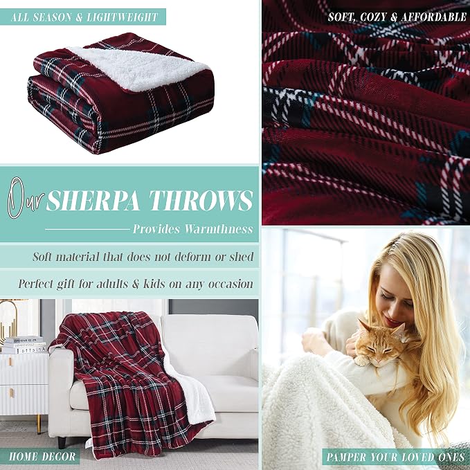 Elegant Comfort Throw Blanket, Reversible Sherpa Flannel, Ultra-Soft, Fuzzy, Cozy and Plush- All Season Lightweight Decorative Throw, 50 x 60 inches, Plaid Design Sherpa Throw, Burgundy