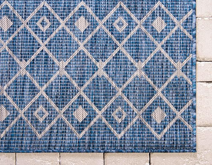 Unique Loom Outdoor Trellis Collection Area Rug - Tribal Trellis (2' x 6' 1" Runner, Blue/ Ivory)