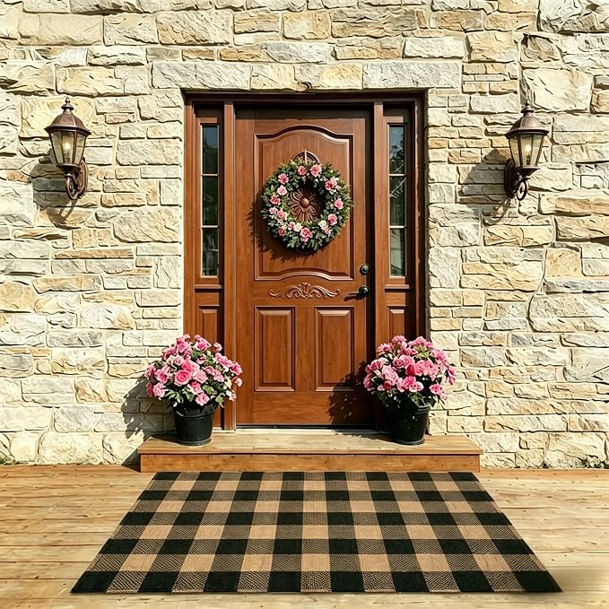 SEEKSEE Buffalo Plaid Outdoor Rug 3' x 5' Coffee and Black Front Door Mat, Layering Rug for Porch, Washable Doormat, Front Porch Rug for Outdoor Entrance Entryway Patio Porch Decor
