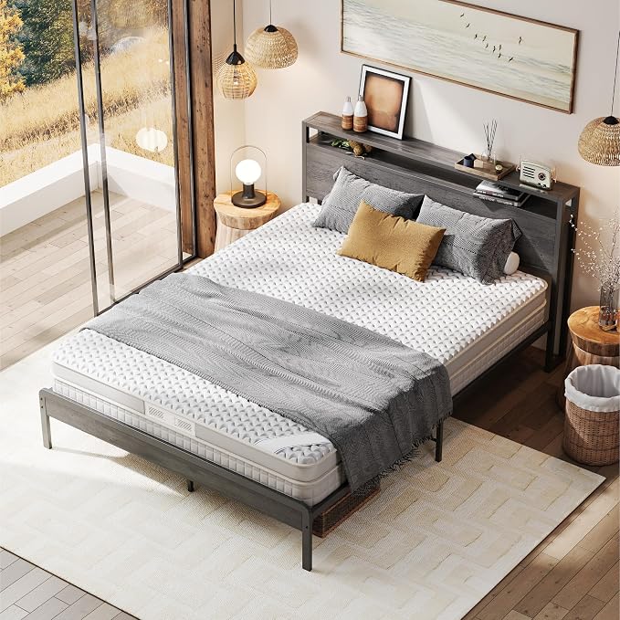 LIKIMIO Queen Bed Frame with 2-Tier Storage Shelf Headboard | Dark Wood Platform Bed, Camas Queen with Strong Metal Supports, Sturdy, Noise-Free, No Box Spring Needed, Grey