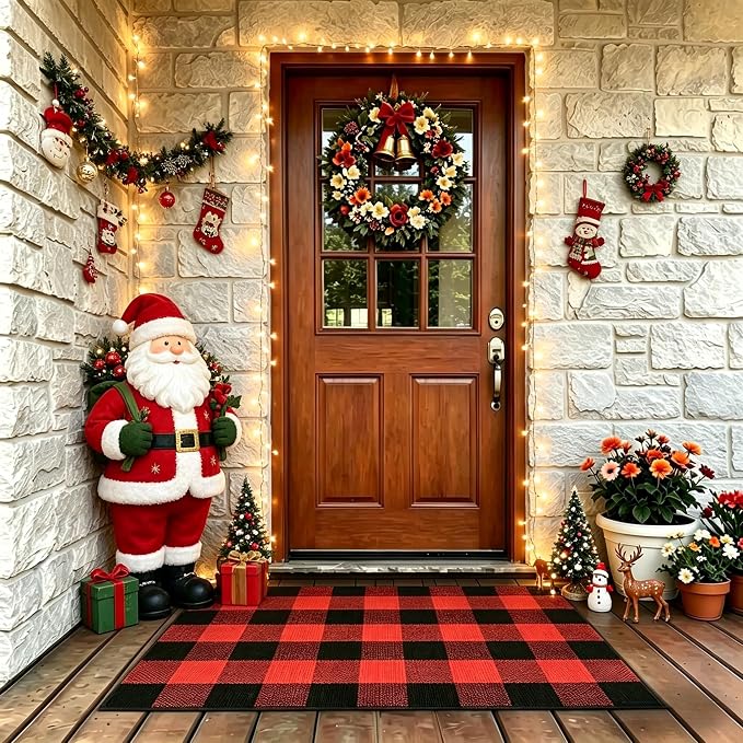 SEEKSEE Buffalo Plaid Outdoor Rug 27.5x43 Red and Black Front Door Mat, Layering Rug for Porch, Christmas Doormat, Front Porch Rug for Outdoor Entrance Entryway Patio Porch Winter Holiday Decor