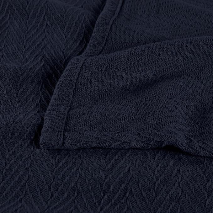Superior Metro All-Season Cotton Blanket, Woven Blanket for Couch, Bed, Bedding, Farmhouse, Home Essentials, Cute and Cozy Bohemian Blankets, Herringbone Weave, Full/Queen, Navy Blue