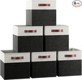 Ornavo Home 11x11 Foldable Fabric Storage Cube Bins, 6 Pack, White/Black | Collapsible Linen Shelf Basket Organizer; Leather Handles; Ideal Cube Storage For Closet