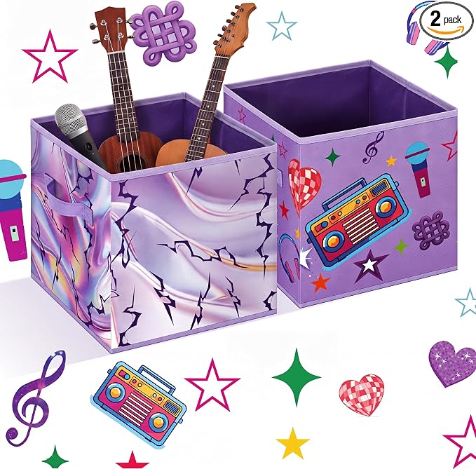 Bokon 2 Pcs Kpop Party Favors 11 Inch Storage Bins Fabric Foldable Storage Basket with Handles Organizing Boxes for Kpop Disco Dance Music Party Decorations