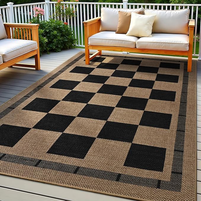 5x7 Checkered Jute Outdoor Rugs, Washable Rug for Living Room Bedroom Patio | Modern Indoor Carpet, Non Slip Farmhouse Design Neutral Geometric Office Porch Balcony Dining Room Mat, Black and Brown