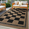 5x7 Checkered Jute Outdoor Rugs, Washable Rug for Living Room Bedroom Patio | Modern Indoor Carpet, Non Slip Farmhouse Design Neutral Geometric Office Porch Balcony Dining Room Mat, Black and Brown