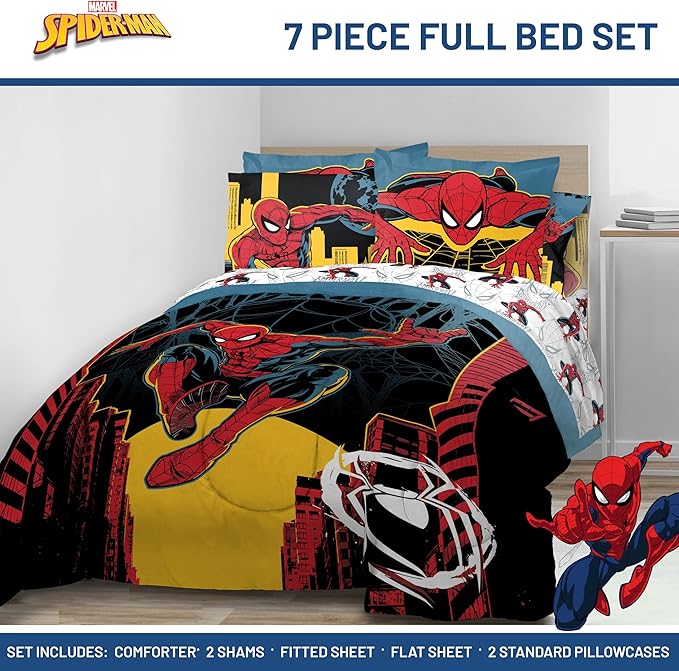 Jay Franco Kids Comforter Set Includes Sheets and Pillow Covers - Soft and Cozy Bed Set for Stylish Room Decor, Official Licensed Bedding, Black - Spiderman, 7 Piece Full