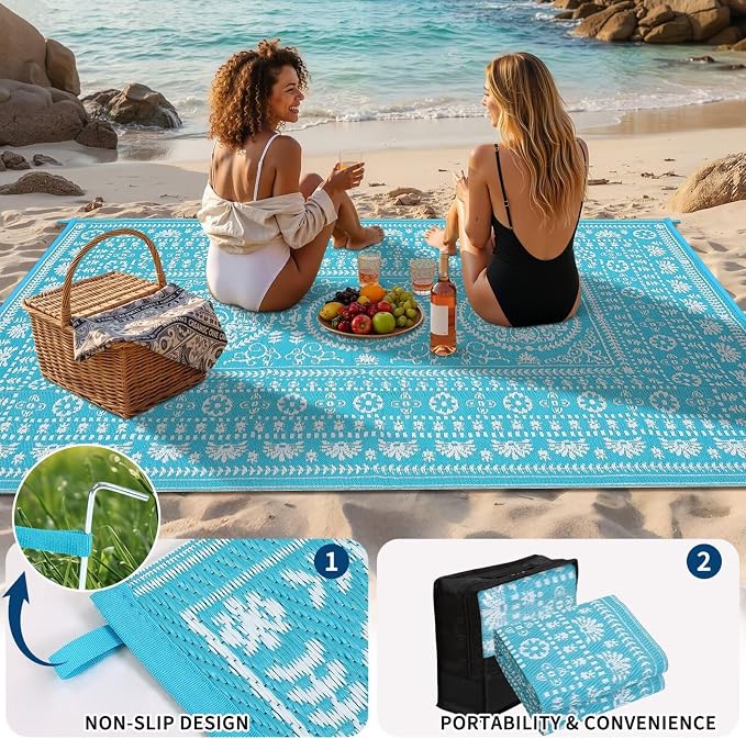 Garvee Reversible Outdoor Rug 8x10 for Patio, Waterproof Outdoor Area Rug, Modern Medallion Indoor Outdoor Rugs, Plastic Straw Rug for RV, Camping, Deck, Vintage Blue