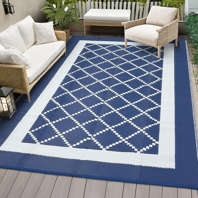 Outdoor Rug 8x10ft Waterproof Reversible Modern Geometric Plastic Straw Patio Carpet UV-Resistant Easy Clean Lightweight Collapsible Area Rug for Garden Deck RV Picnic Porch