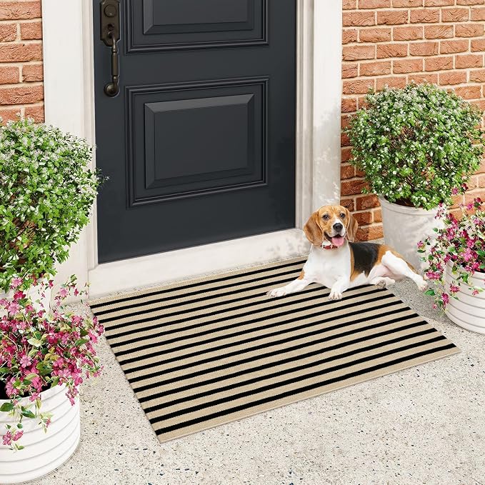 OJIA Front Door Mat Outside Entrance 24"x35" Front Door Rug Porch Rug Decor | Woven Washable Striped Outdoor Rugs Entryway Rugs Indoor Small Area Rug for Kitchen/Entry, Tan and Black Outdoor Doormat