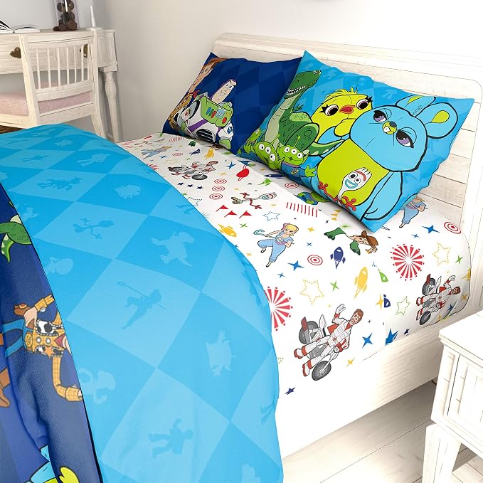 Jay Franco Disney Pixar Toy Story Kids Full Sheet Set, 4 Piece Bedding | Buzz Lightyear & Woody, Super Soft Breathable Microfiber, Deep Pocket, Reversible, Machine Washable Kids Bedding (Official)