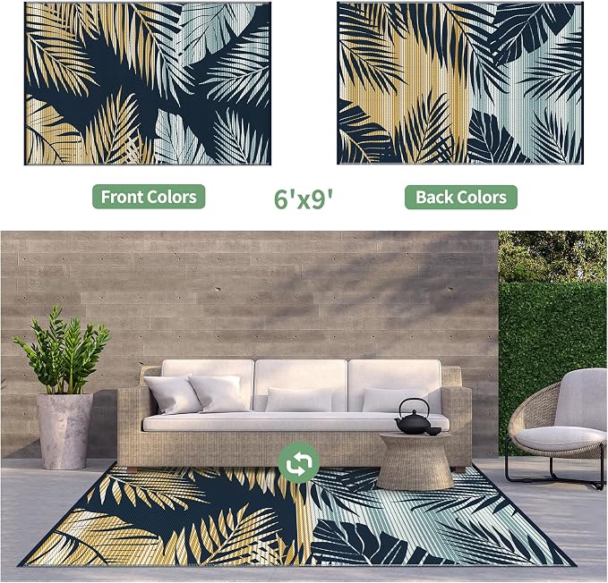 GENIMO Outdoor Rug, Waterproof Plastic Rugs for Patio, 6'x9' Yellow Navy | Outside Larger Leaf Carpet Mat for Porch Decor, Deck, Balcony, Camping, RV, Backyard, Picnic, Beach, Reversible, Foldable