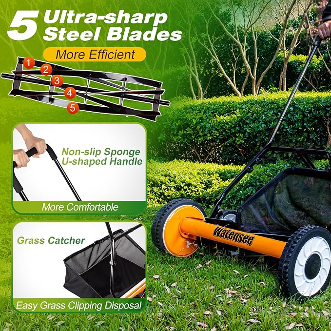 Walensee 20-Inch 5-Blade Push Reel Lawn Mower, Cordless Manual Reel Lawn Mower Walk-Behind Steel Lawn Mowers with Removable 11.8-Gallon Grass Catcher, Sponge Grip, 9-Position Cutting Height Adjustment