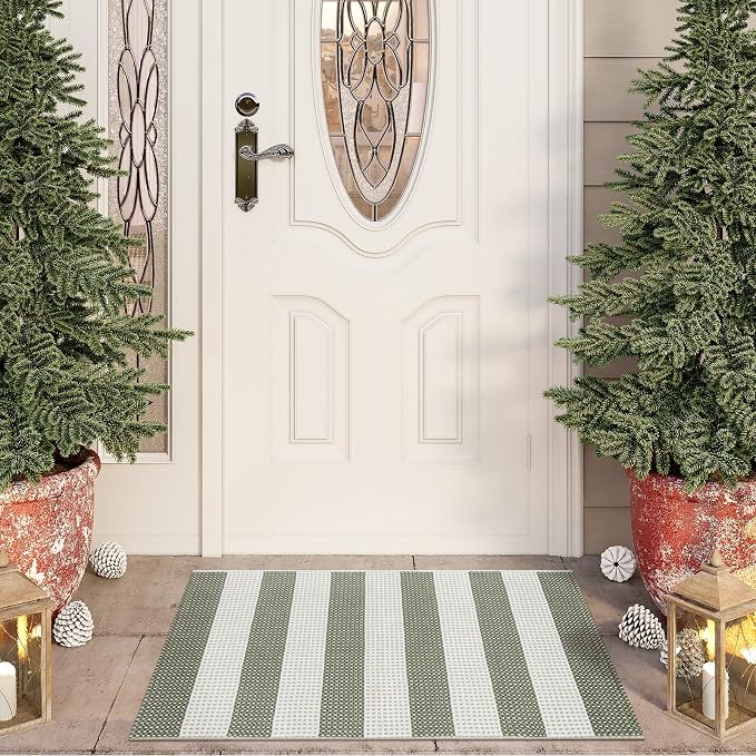 OJIA Front Door Mat 24"x36" Outdoor Doormat Striped Porch Rugs Fall Decor | Washable Rug Door Mat Outside Entrance Cotton Indoor Outdoor Rugs Small Area Rug for Kitchen Entryway Patio Green/White
