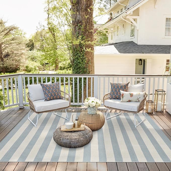 LEEVAN 5x7 Outdoor Striped Rugs for Patio Washable Coastal Blue Balcony Rug | Blue and White Backyard Rug, Spring Plaid Outside Entrance Floor Porch Mat, Indoor/Outdoor Layered Mat for Deck/Pool/Camping